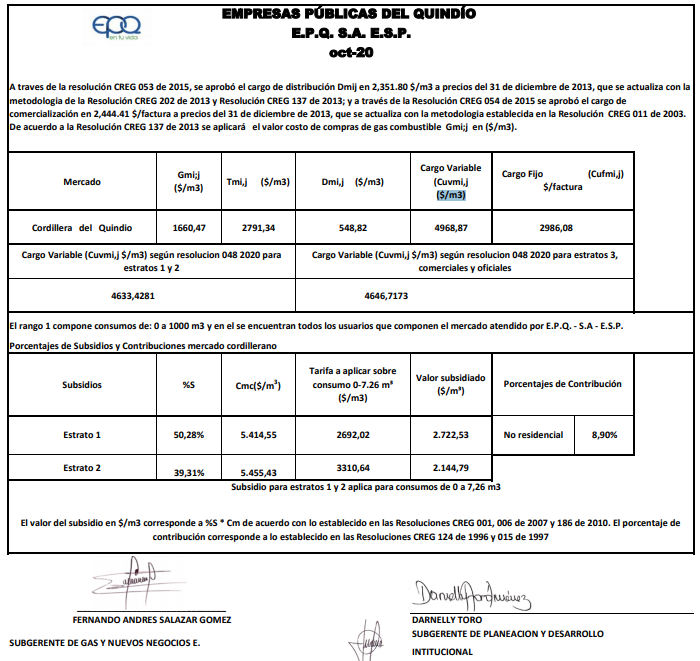 tarifa gas octubre 2020